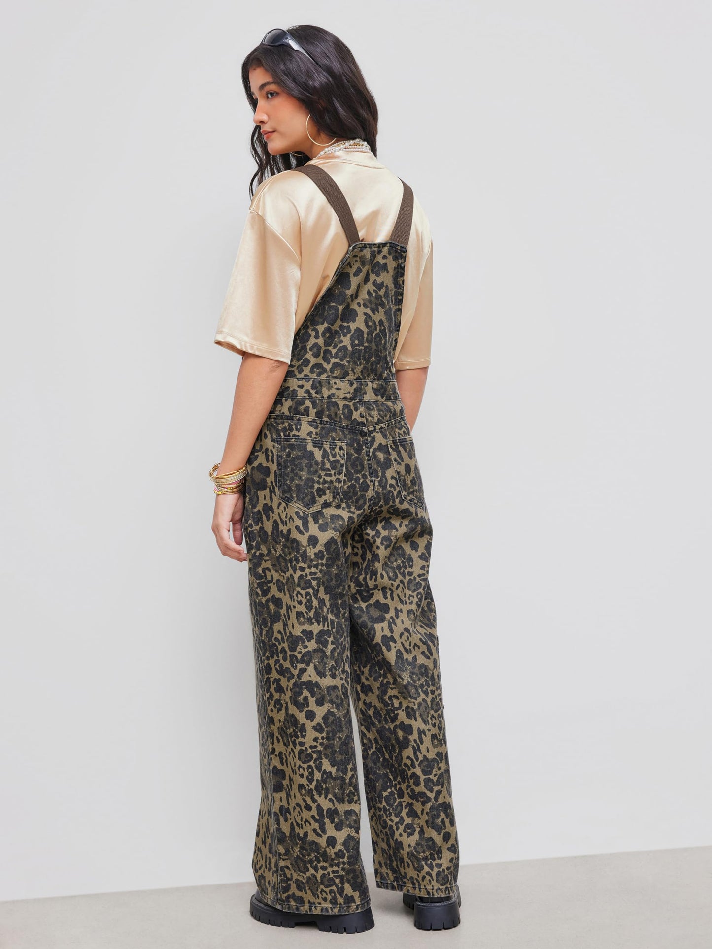 CIDER Overalls for Women Denim Leopard Pocket Buckle Up Wide Leg Jumpsuit: Tan, M
