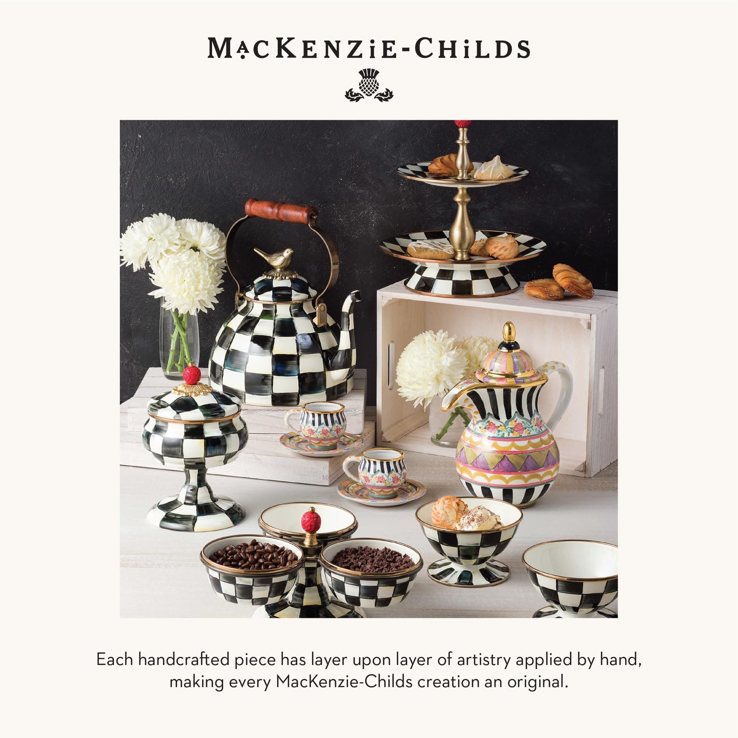 MACKENZIE-CHILDS Enamel Curiosity Pot, Decorative Container for Home Decor, Black-and-White Courtly Check