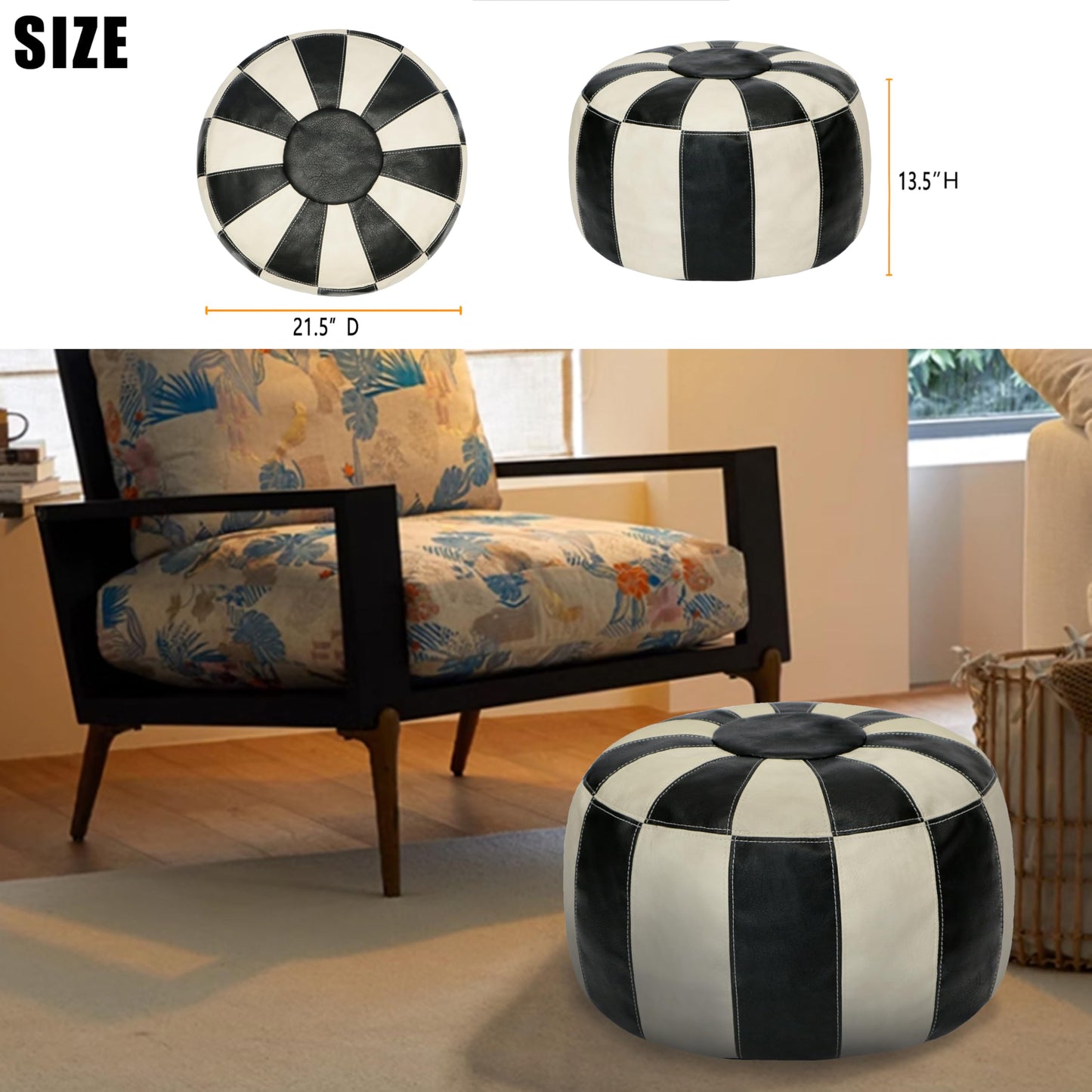 Thgonwid Unstuffed Moroccan Ottoman Pouf Cover, Ottoman Footstool Storage Solution, Bean Bag Chair, Foot Rest, Multi-Black&White