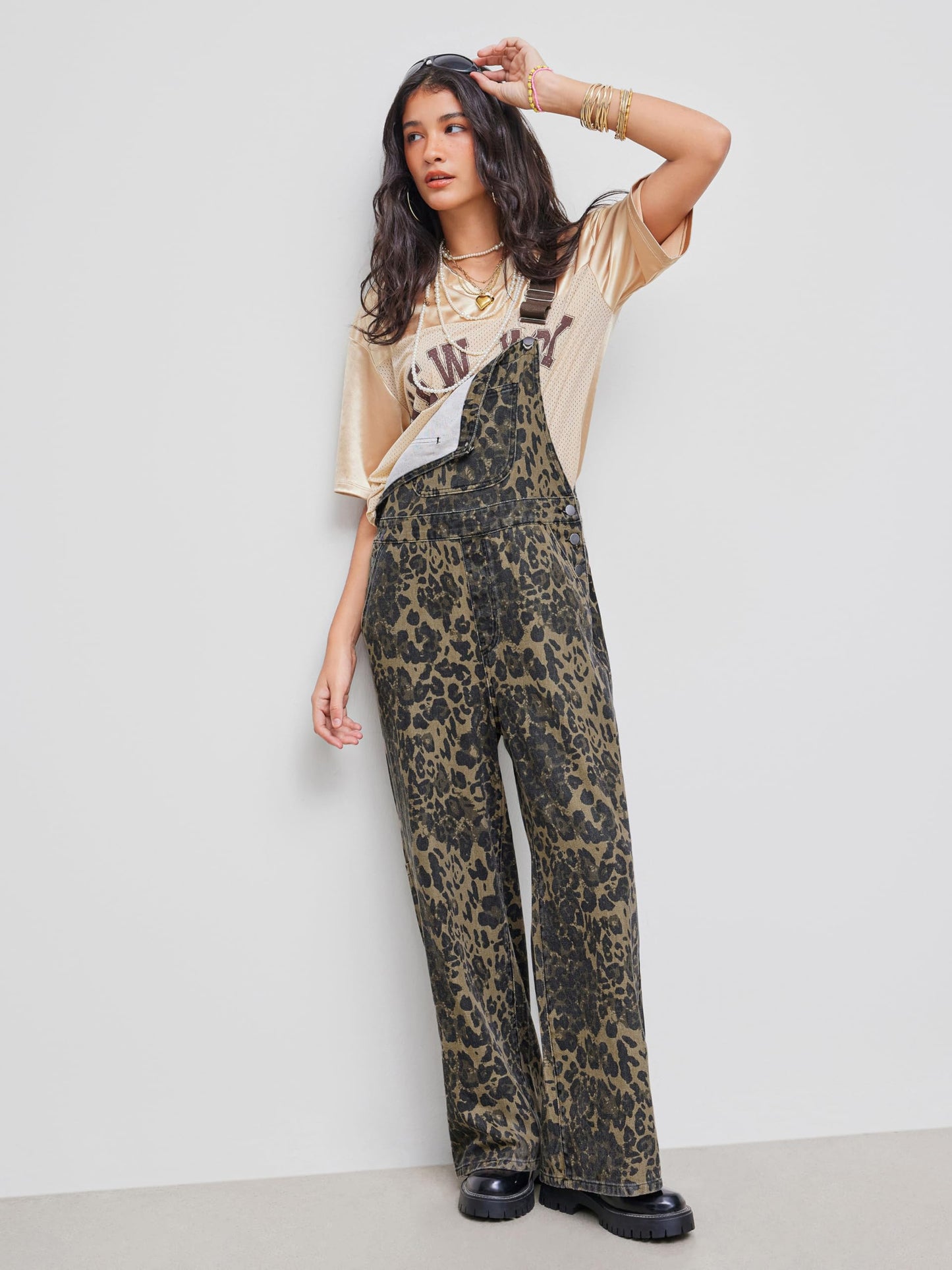 CIDER Overalls for Women Denim Leopard Pocket Buckle Up Wide Leg Jumpsuit: Tan, M