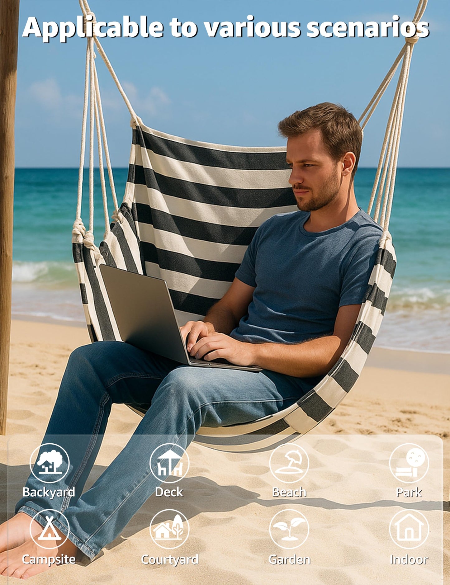 ALLIVING Hammock Chair Swing 2 Cushions Included - Hanging Rope Swing Max 400 Lbs Sturdy Soft Cotton Indoor for Bedroom Swing Chair Outdoor Patio Bedroom Porch Deck Black White
