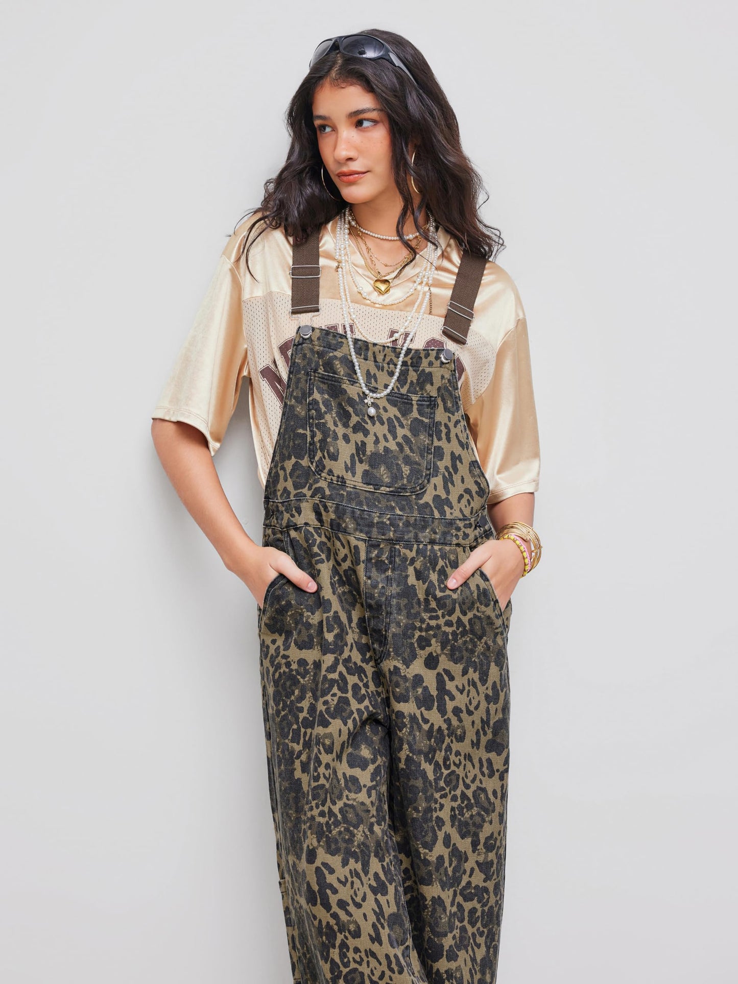 CIDER Overalls for Women Denim Leopard Pocket Buckle Up Wide Leg Jumpsuit: Tan, M