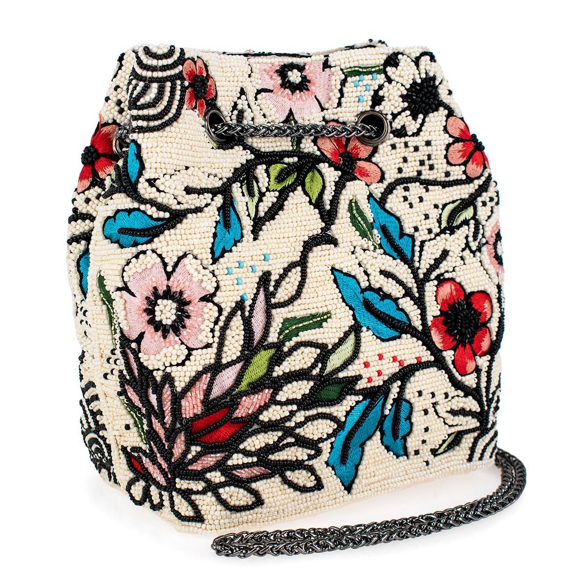 Mary Frances Flower Child Beaded Crossbody Bag Floral Embroidered Vegan Purse with Magnet Closure, Convertible Shoulder Strap, Multicolor