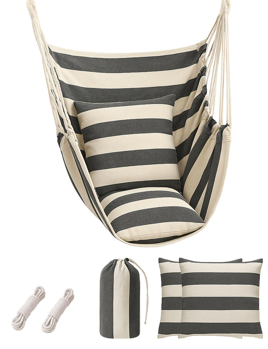ALLIVING Hammock Chair Swing 2 Cushions Included - Hanging Rope Swing Max 400 Lbs Sturdy Soft Cotton Indoor for Bedroom Swing Chair Outdoor Patio Bedroom Porch Deck Black White
