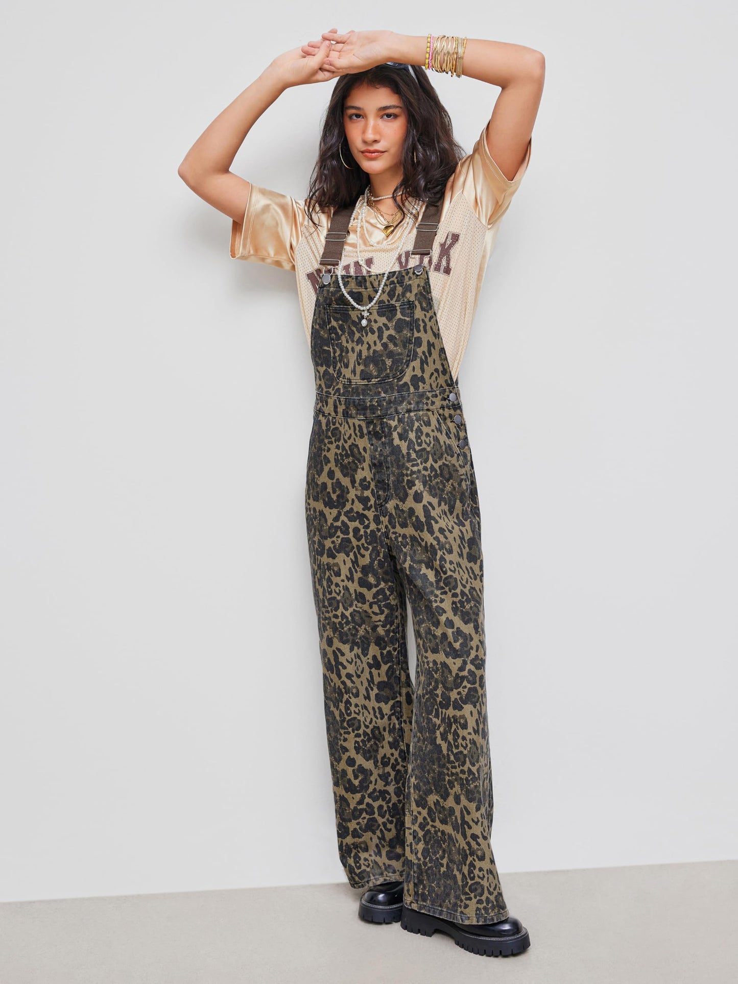 CIDER Overalls for Women Denim Leopard Pocket Buckle Up Wide Leg Jumpsuit: Tan, M