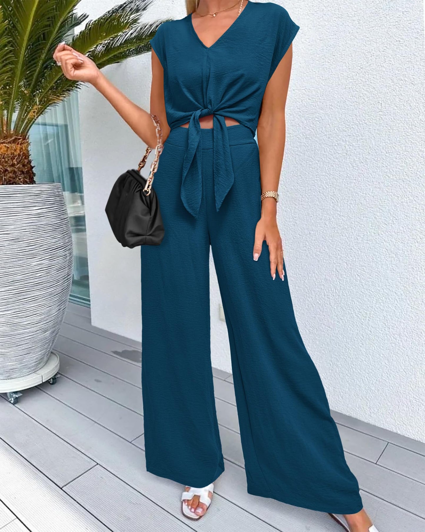 PRETTYGARDEN Two Piece Outfits For Women 2025 V Neck Cap Sleeve Strappy Crop Tops Loose Fit Wide Leg Pants Sets(Solid Teal,Medium)