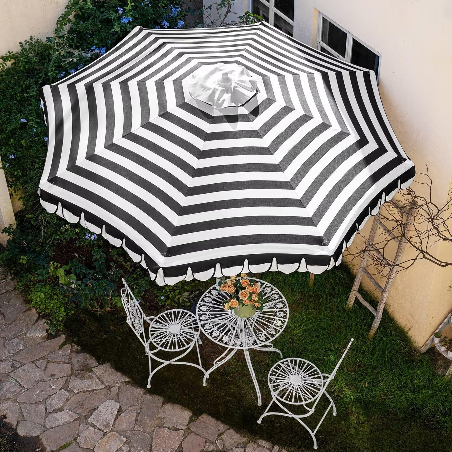 Funsite 9Ft Elegant Valance Patio Umbrella, Outdoor Umbrellas for Patio with Auto-Tilt and Crank Systerm, Table Umbrella for Outdoors, Poolside,Beach, Backyard, Black White Stripe