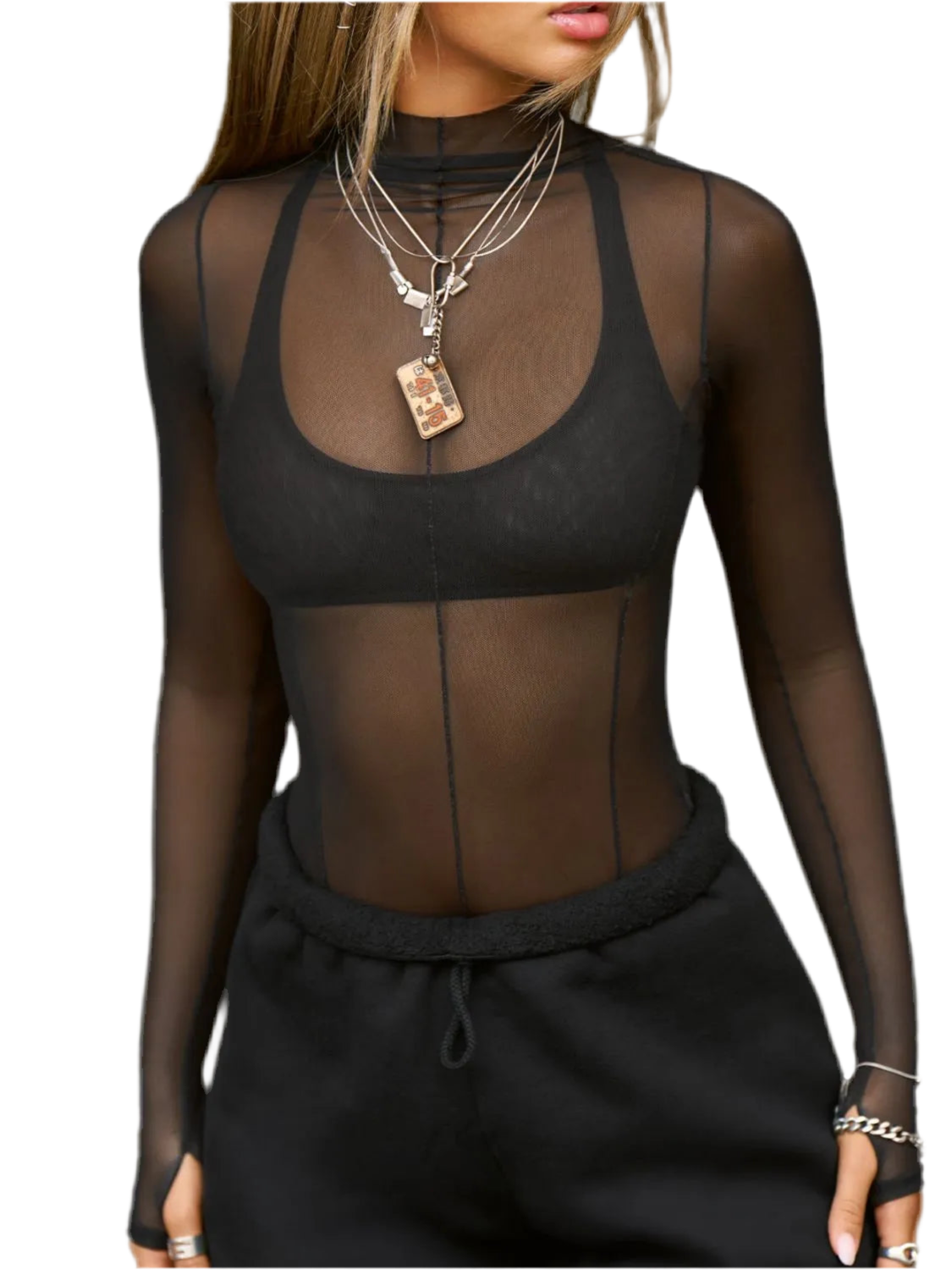 Mock Neck Long Sleeve Sheer Top