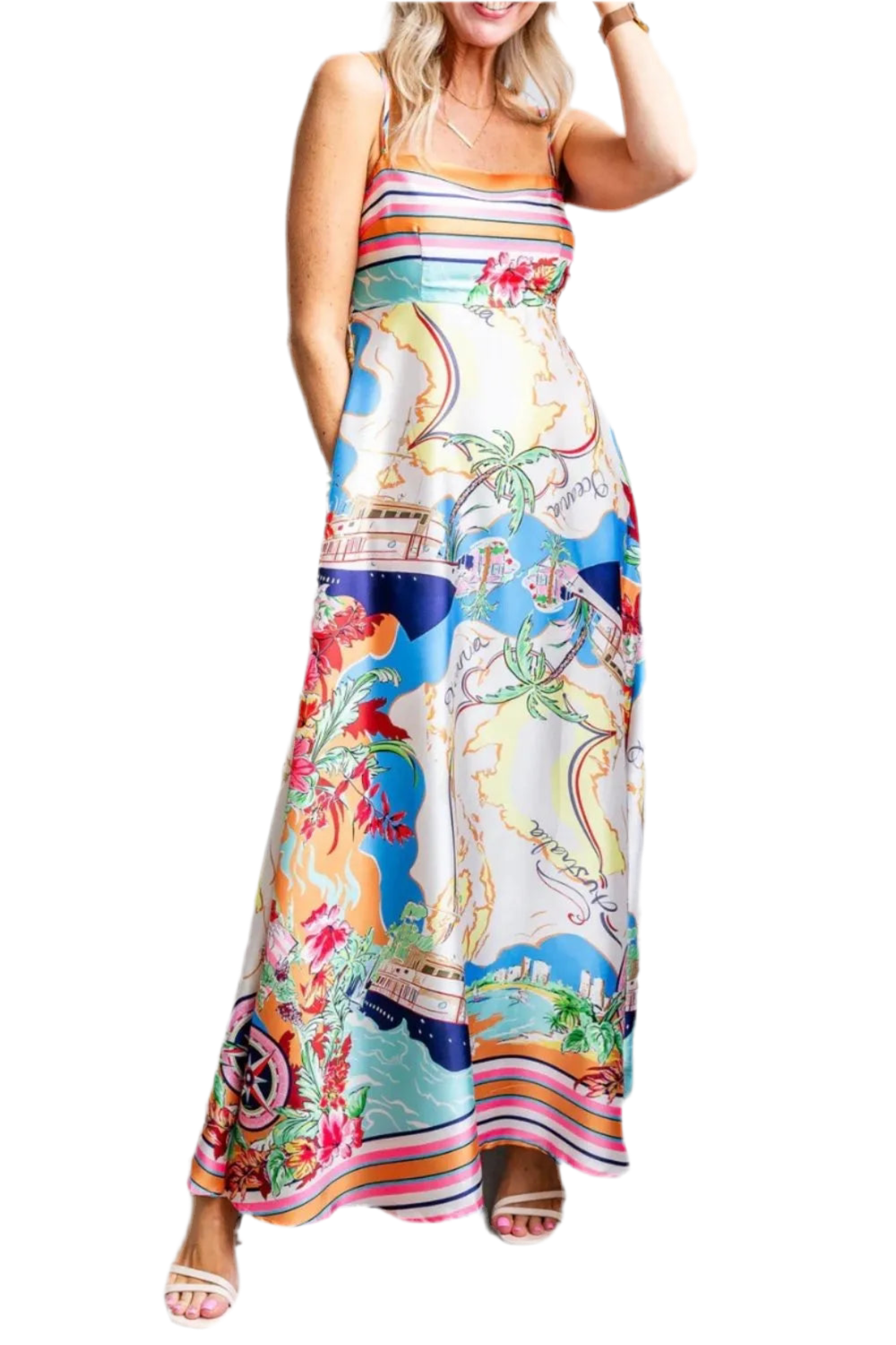 Smocked Back Printed Square Neck Maxi Cami Dress with Pockets
