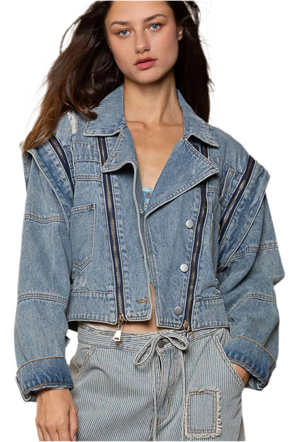 POL Cropped Denim Jacket with Functional Zipper Detail