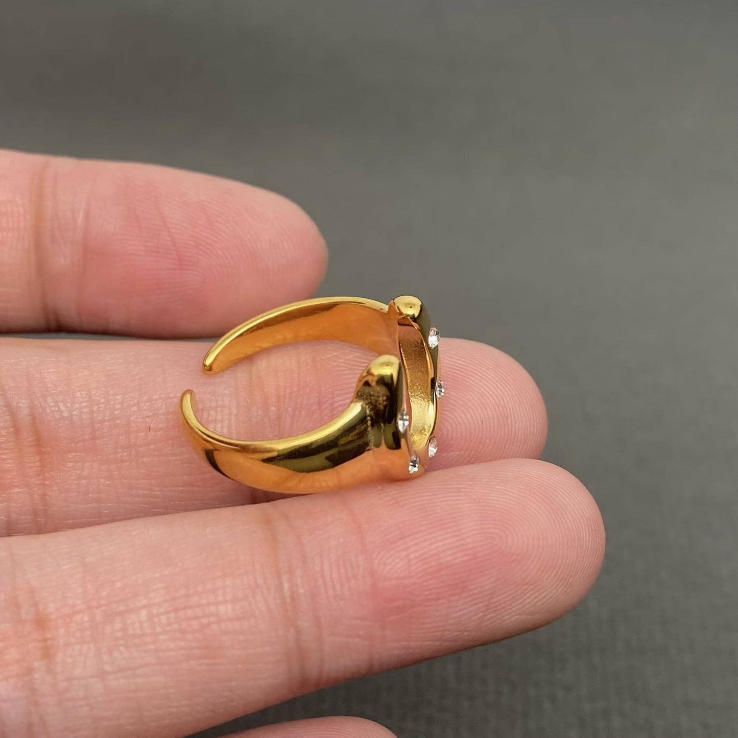 Zircon Inlaid Horseshoe 18K Gold Plated S.Steel Ring - FGS