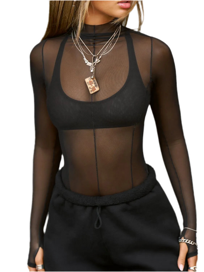 Mock Neck Long Sleeve Sheer Top