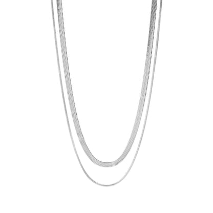 18K Gold PVD Stainless Steel Herringbone and Snake Layered Chain Necklace