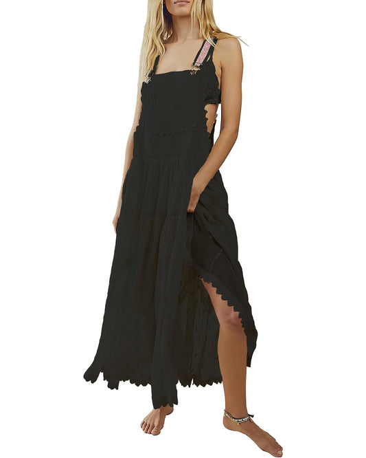 ebossy Women's Laced Embroidered Tulle Bib Dress Casual Loose Adjustable Straps Maxi Dress (M, Black)