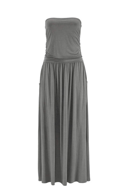 Alaster Queen Women’s Strapless Bandeau Summer Long Floral Dress Off Shoulder Beach Maxi Dress with Pockets (Grey, Medium(US8-10))