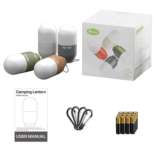 RECHOO Camping Essentials, 4 Pack Camping Lantern for Power Outages, Portable Camping Tent Lights with Clip Hook for Outdoor, Survival Gear for Hurricane, Emergency Supplies (Battery Included)