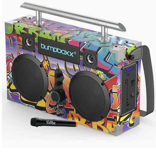 Bumpboxx Bluetooth Boombox Ultra Plus | Retro Boombox with Bluetooth Speaker | Includes Rechargeable Lithium Battery, Carrying Strap & Mic | Easy to Carry | NYC Graffiti