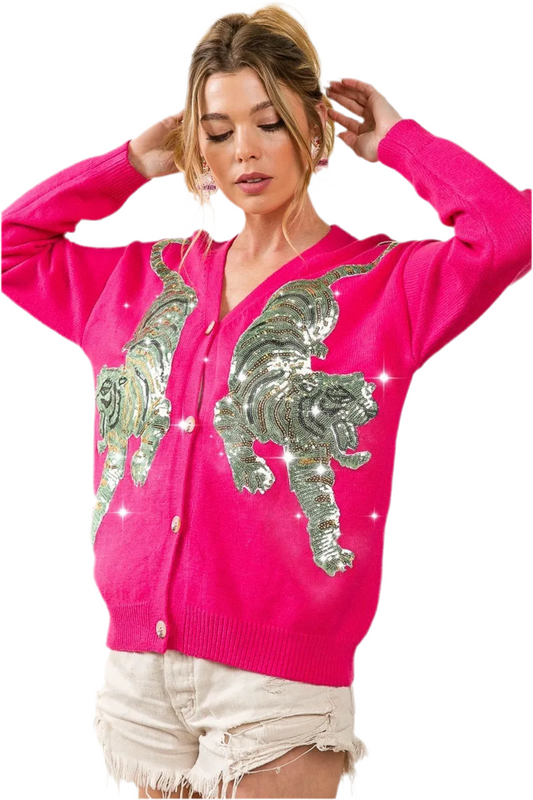 BiBi Front Tiger Sequin Patch V-neck Sweater Cardigan