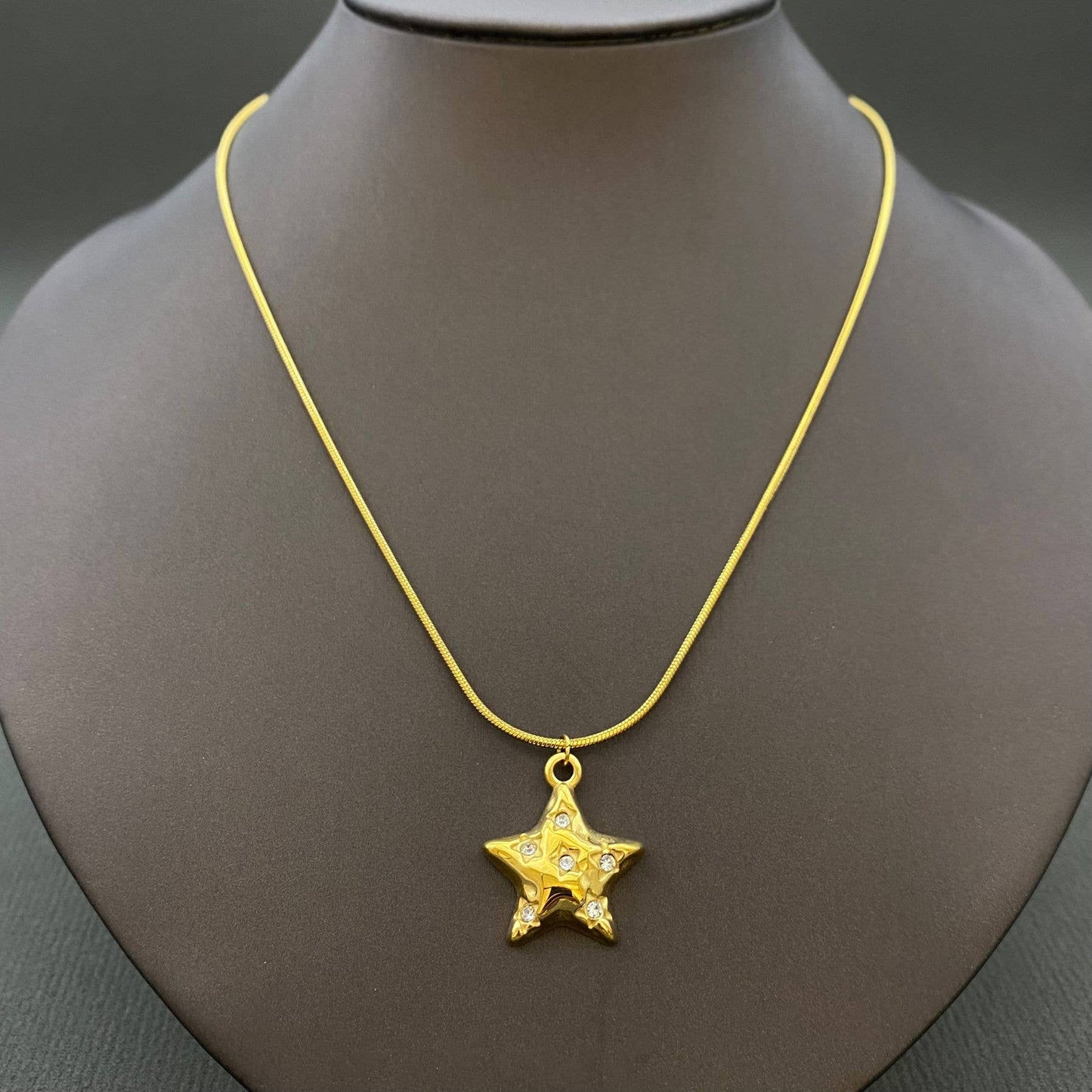 CZ Inlaid 18K Gold Plated S.Steel Star Charm Necklace - FGS/MS