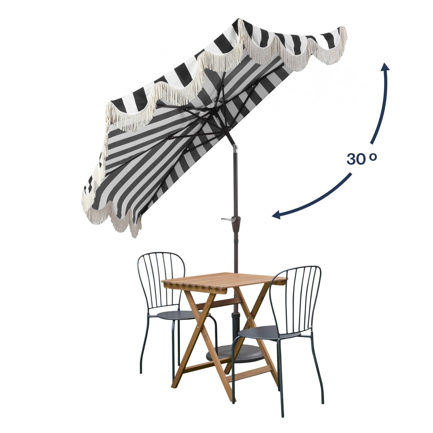 JONATHAN Y Half Umbrella UMB1201A Beverly 9 ft. Designer Classic Scalloped Fringe Market Patio with Crank, Push Button Tilt and UV Protection in Black/White
