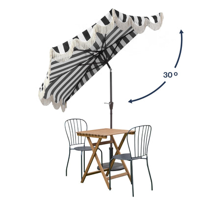 JONATHAN Y Half Umbrella UMB1201A Beverly 9 ft. Designer Classic Scalloped Fringe Market Patio with Crank, Push Button Tilt and UV Protection in Black/White