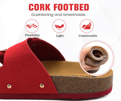 ONCAI Womens Comfortable Sandals Knock Off Clogs Sandals Women Dressy Summer Flat with Arch Support Two Strap Slip On Adjustable Buckle Slides Shoes for Women Red Size 7