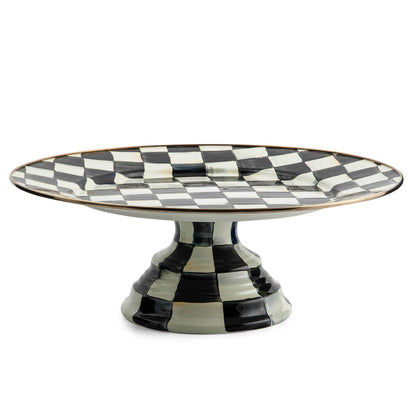 MACKENZIE-CHILDS Enamel Pedestal Platter, Round Cake Stand, Large, Black-and-White Courtly Check