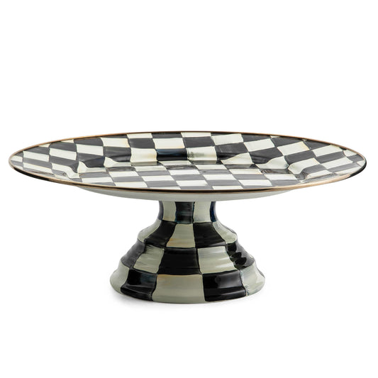 MACKENZIE-CHILDS Enamel Pedestal Platter, Round Cake Stand, Large, Black-and-White Courtly Check