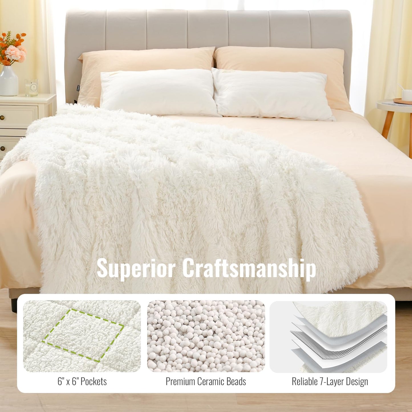 Uttermara Shaggy Faux Fur Weighted Blanket 15lbs, Super Soft Plush Fleece and Cozy Sherpa Reverse, Decorative Long Fur Throw Blankets 60"x80" Cream
