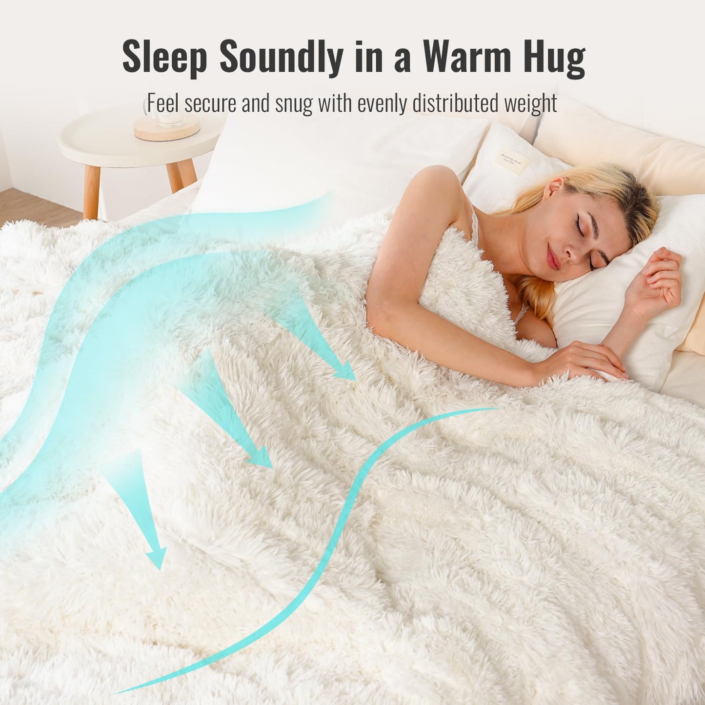 Uttermara Shaggy Faux Fur Weighted Blanket 15lbs, Super Soft Plush Fleece and Cozy Sherpa Reverse, Decorative Long Fur Throw Blankets 60"x80" Cream