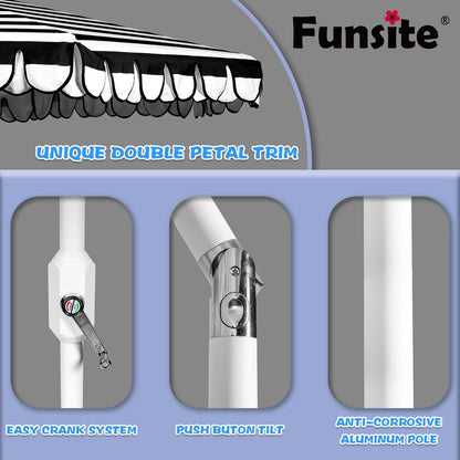 Funsite 9Ft Elegant Valance Patio Umbrella, Outdoor Umbrellas for Patio with Auto-Tilt and Crank Systerm, Table Umbrella for Outdoors, Poolside,Beach, Backyard, Black White Stripe