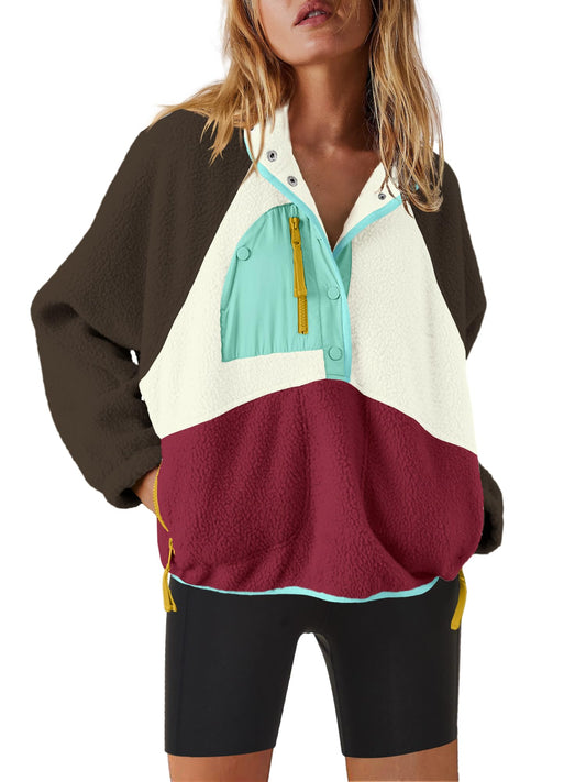 Nirovien Womens Fuzzy Fleece Pullover Button Down Sherpa Jackets Color Block Warm Coat Sweater Outwear(Burgundy Brown,M)