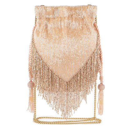Mary Frances Boho Chic Beaded Drawstring Handbag with Fringe and Tassel Champagne Statement Evening Purse with Removable Strap, Pink
