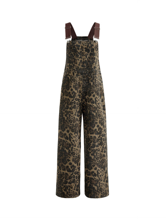 CIDER Overalls for Women Denim Leopard Pocket Buckle Up Wide Leg Jumpsuit: Tan, M