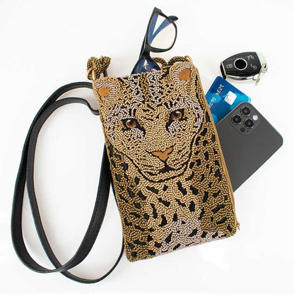 Mary Frances Gone Wild Beaded Leopard Crossbody Cell Phone Bag Clutch with Zipper Pocket and Leather Strap, Multicolor
