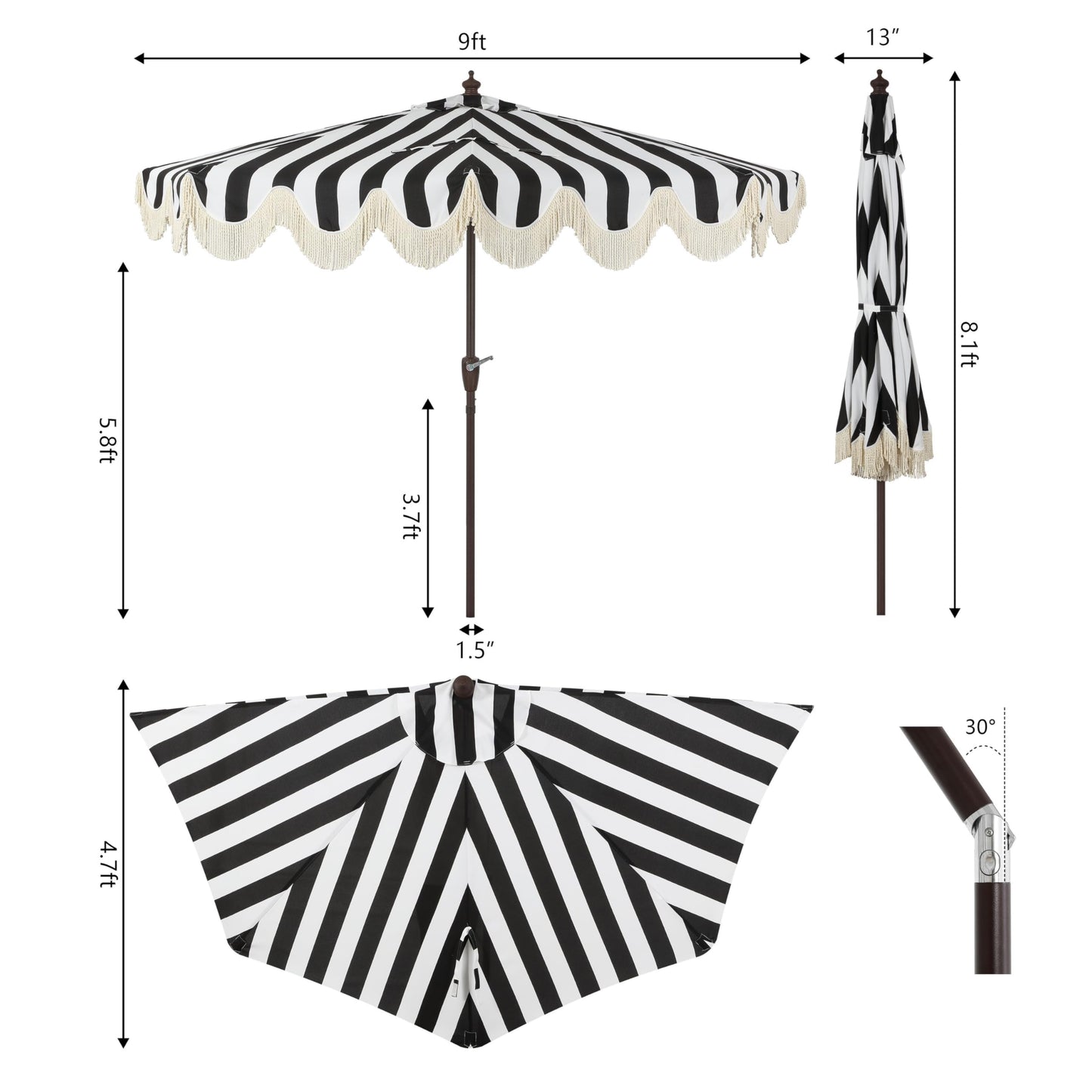 JONATHAN Y Half Umbrella UMB1201A Beverly 9 ft. Designer Classic Scalloped Fringe Market Patio with Crank, Push Button Tilt and UV Protection in Black/White