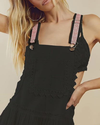 ebossy Women's Laced Embroidered Tulle Bib Dress Casual Loose Adjustable Straps Maxi Dress (M, Black)
