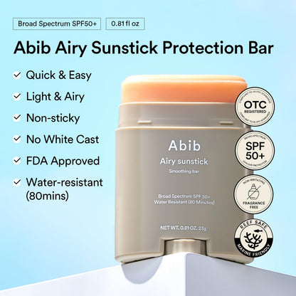 Abib Airy Sunstick Protection Bar Broad Spectrum SPF50+ 0.81 oz / 23 g (Semi- matte) | Korean Suncreen Stick Suncare Sunblock, No Whitecast, Protector Solar Barra, Water resistant