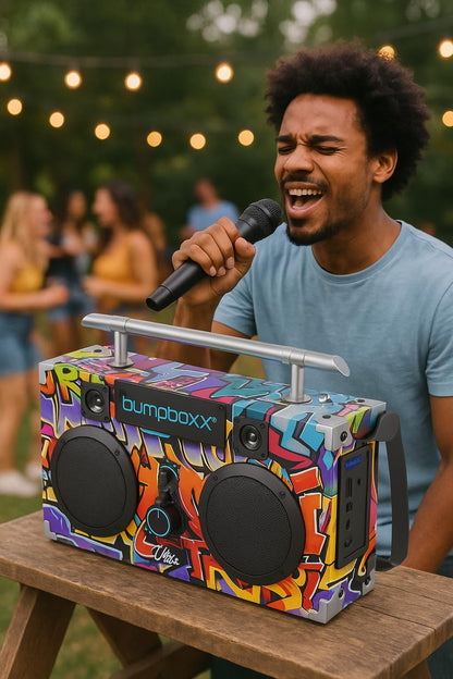 Bumpboxx Bluetooth Boombox Ultra Plus | Retro Boombox with Bluetooth Speaker | Includes Rechargeable Lithium Battery, Carrying Strap & Mic | Easy to Carry | NYC Graffiti