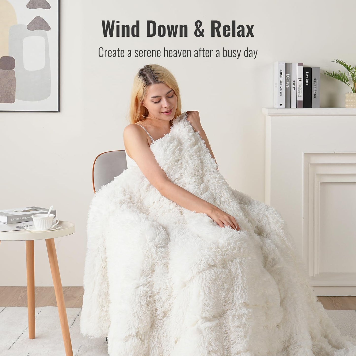 Uttermara Shaggy Faux Fur Weighted Blanket 15lbs, Super Soft Plush Fleece and Cozy Sherpa Reverse, Decorative Long Fur Throw Blankets 60"x80" Cream