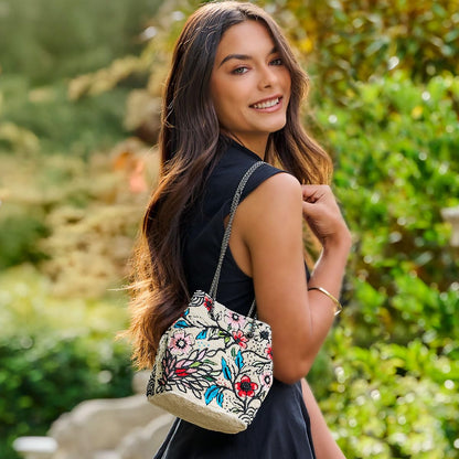 Mary Frances Flower Child Beaded Crossbody Bag Floral Embroidered Vegan Purse with Magnet Closure, Convertible Shoulder Strap, Multicolor
