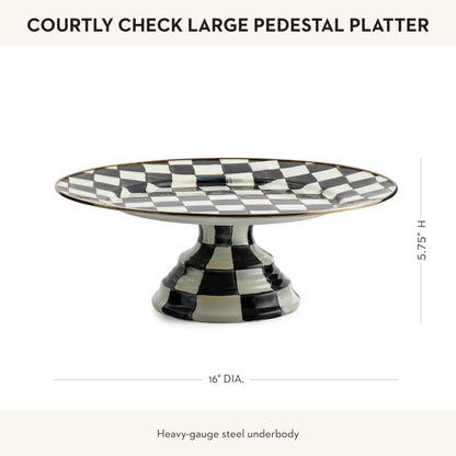 MACKENZIE-CHILDS Enamel Pedestal Platter, Round Cake Stand, Large, Black-and-White Courtly Check