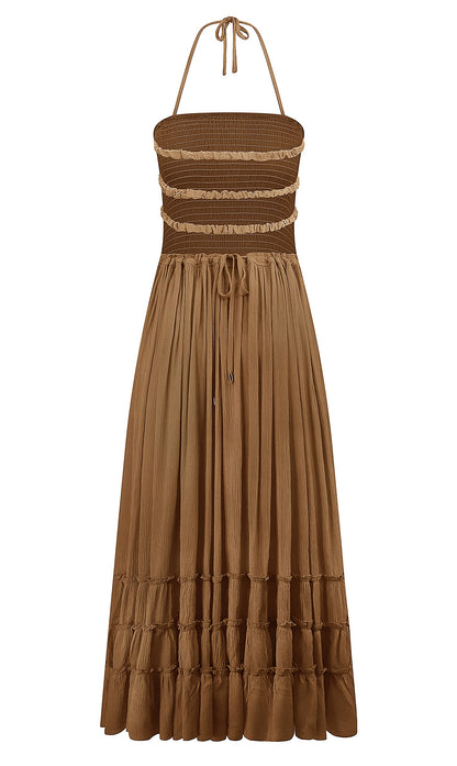 R.Vivimos Womens Summer Boho Sexy Backless Long Dresses (Medium, Brown)