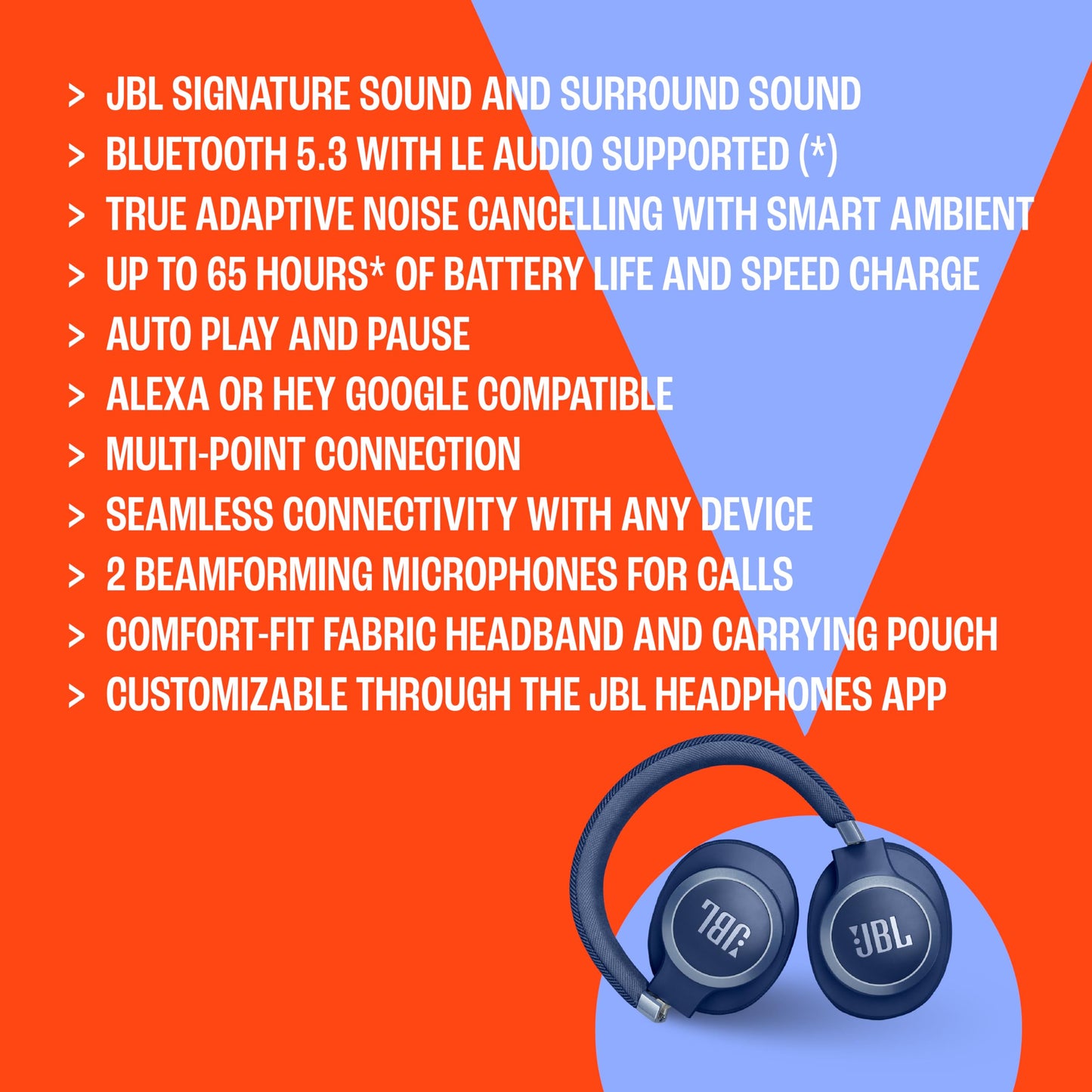 JBL Live 770NC - Wireless Over-Ear Headphones with True Adaptive Noise Cancelling with Smart Ambient, Up to 65 Hours of Battery Life, Comfort-fit Fabric Headband & Carrying Pouch (Sandstone)