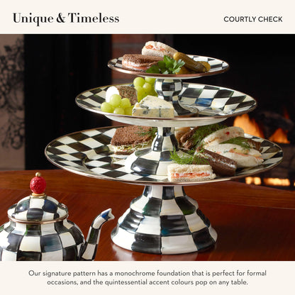 MACKENZIE-CHILDS Enamel Pedestal Platter, Round Cake Stand, Large, Black-and-White Courtly Check