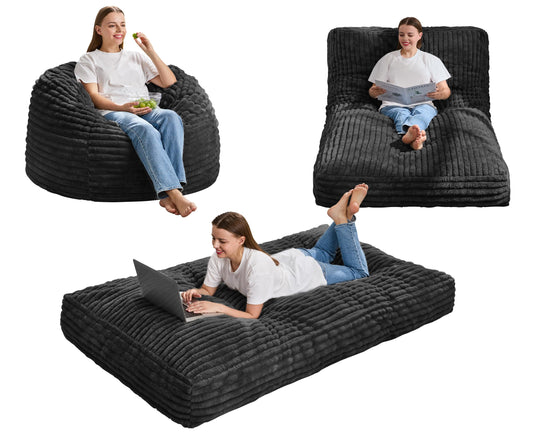 Hobestluk Bean Bag Chair Convertible Beanbag Chairs for Adults, 3 in 1 Bean Bags with Stripe Cover, Adult Bean Bag Chair for Living Room, Bedroom (Black, Twin)