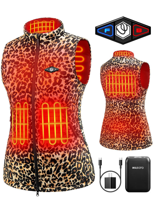 WASOTO Heated Vest Women With 16000 mAh Battery Pack Charger Included Washable Rechargeable For Indoor Outdoor Work Golfing Walking Cycling Ice Skating（Leopard Print,M）
