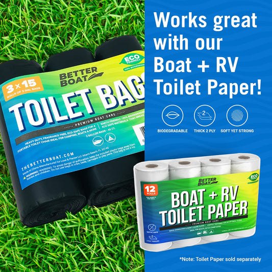 45 Portable Toilet Bags, Biodegradable 8 Gallon for 5 Gallon Buckets Human Waste Bags for Camping, Boating, Car & Compost, Fits Bucket Seat, Outdoor Use