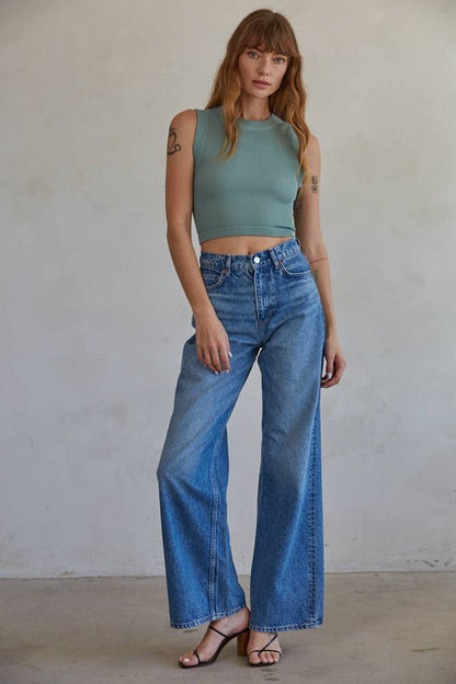 S1106N | Knit Seamless Ribbed Round Neck Sleeveless Top