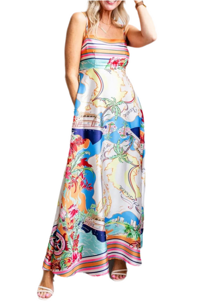 Smocked Back Printed Square Neck Maxi Cami Dress with Pockets